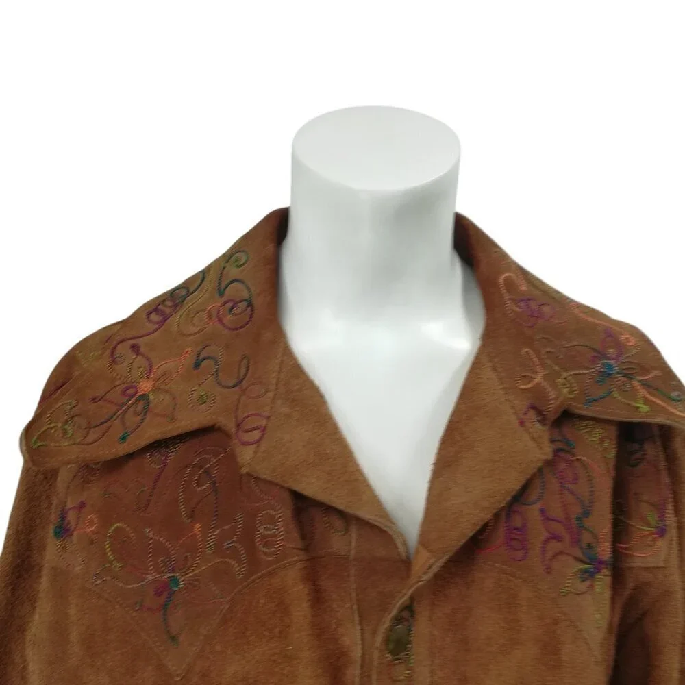 Vintage Suede Embroidered Snap Western Jacket Shirt Size XL Brown Rainbow Collar